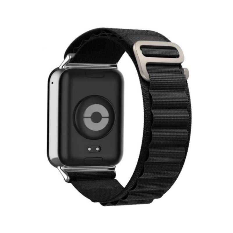 Schwarze Smartwatch mit breitem Nylonarmband, von hinten auf weißem Hintergrund gezeigt.