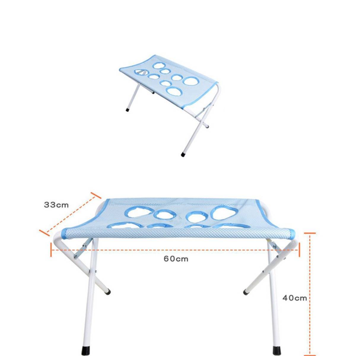 Tragbarer zusammenklappbarer Maschennetztisch mit Aluminiumbeinen, dargestellt in schräger und Frontansicht, beschriftet mit 60 cm Breite, 40 cm Höhe und 33 cm Tiefe.