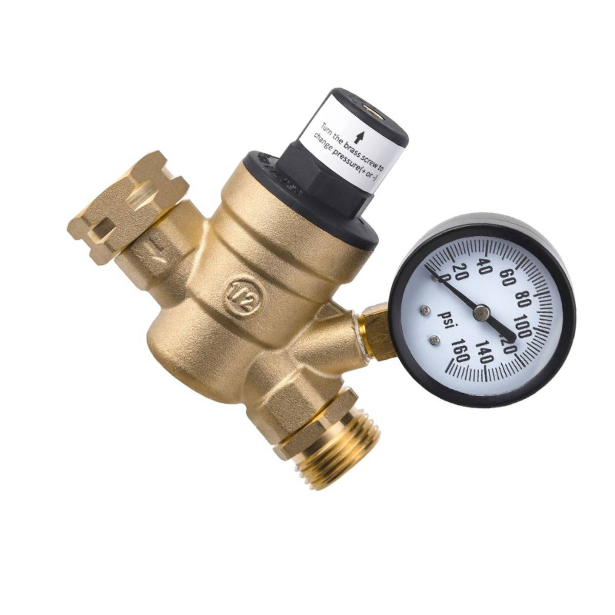 Messing-Druckregelventil mit angebrachtem rundem Druckmanometer mit PSI-Anzeige.