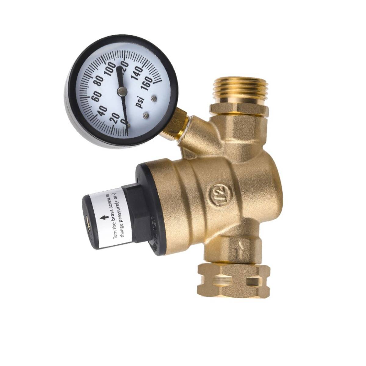Messingdruckregelventil mit angebrachtem PSI-Manometer auf weißem Hintergrund.