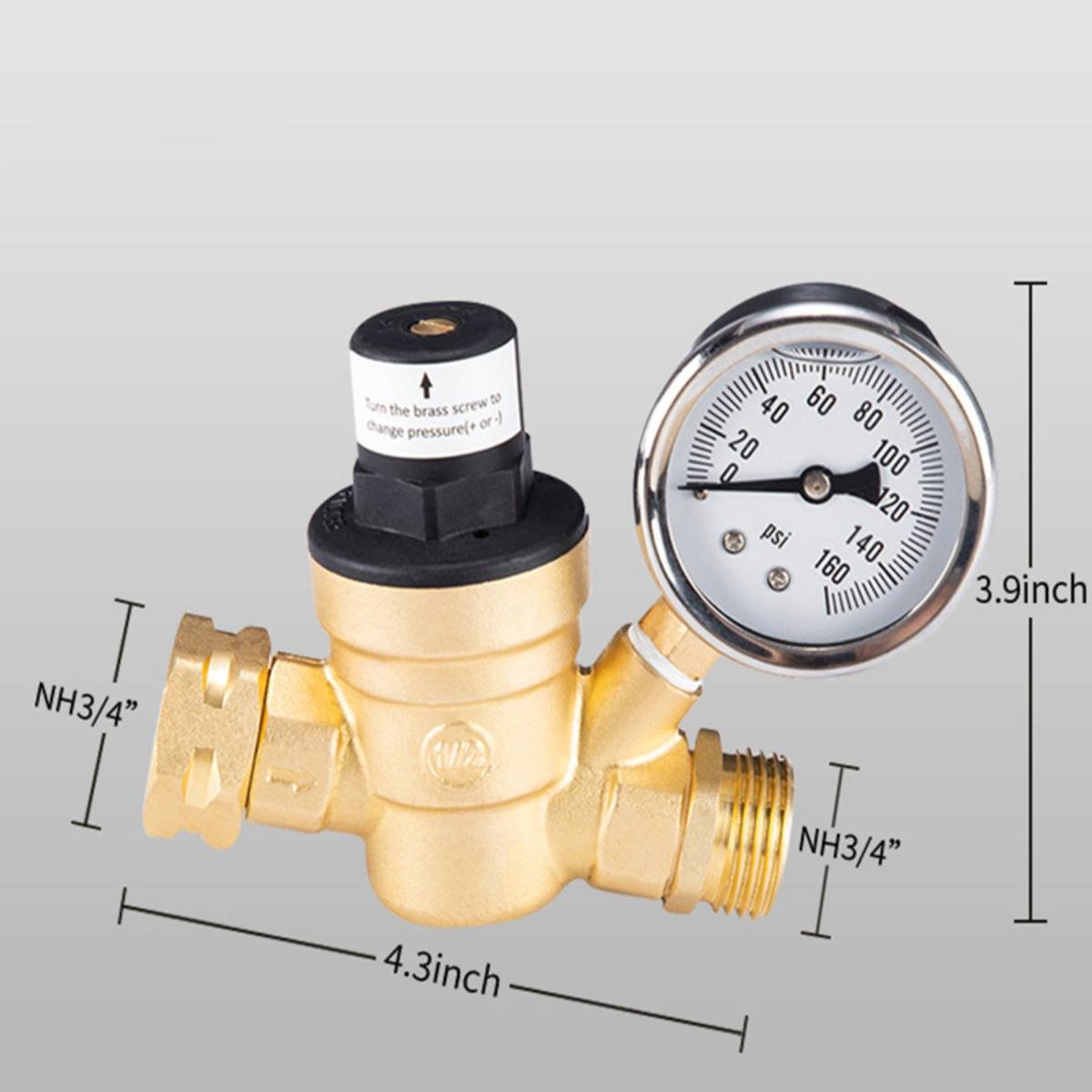 Messingdruckregler mit angebrachtem PSI-Manometer, mit gekennzeichneten NH3-Anschlüssen von 3/4 Zoll für Ein- und Auslass sowie Gesamtgrößenangaben.