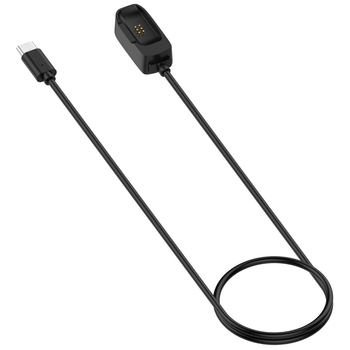 Schwarzes USB-C-Ladekabel mit einer magnetischen Uhren-Ladeschale an einem Ende, aufgerollt auf weißem Hintergrund dargestellt.