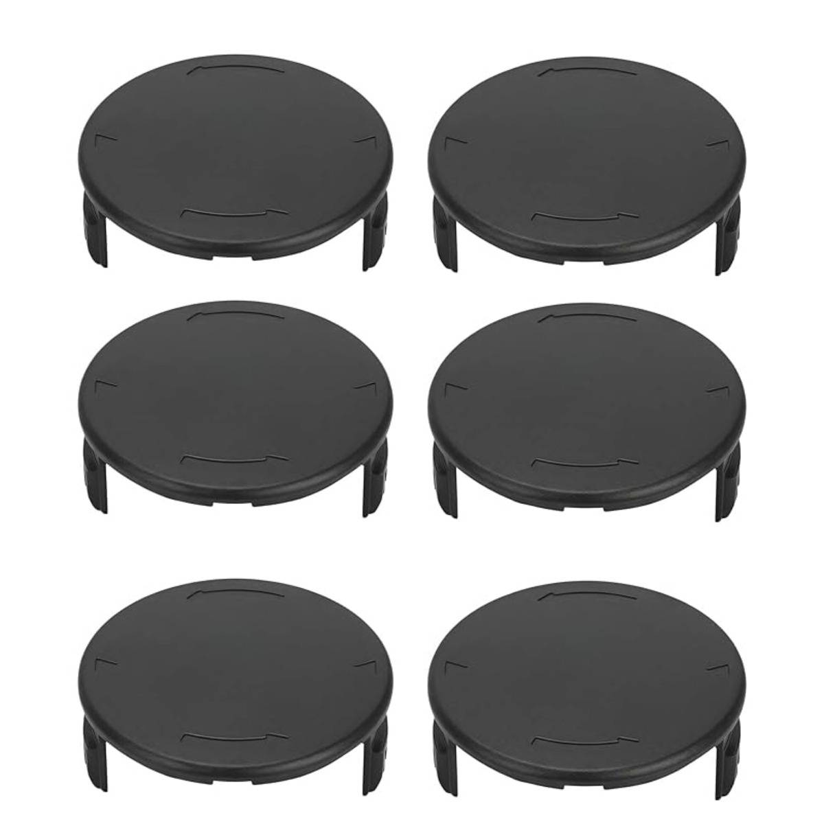 Sechs schwarze runde Kunststoff-Schnappdeckel in einem 2-mal-3-Raster auf weißem Hintergrund angeordnet.