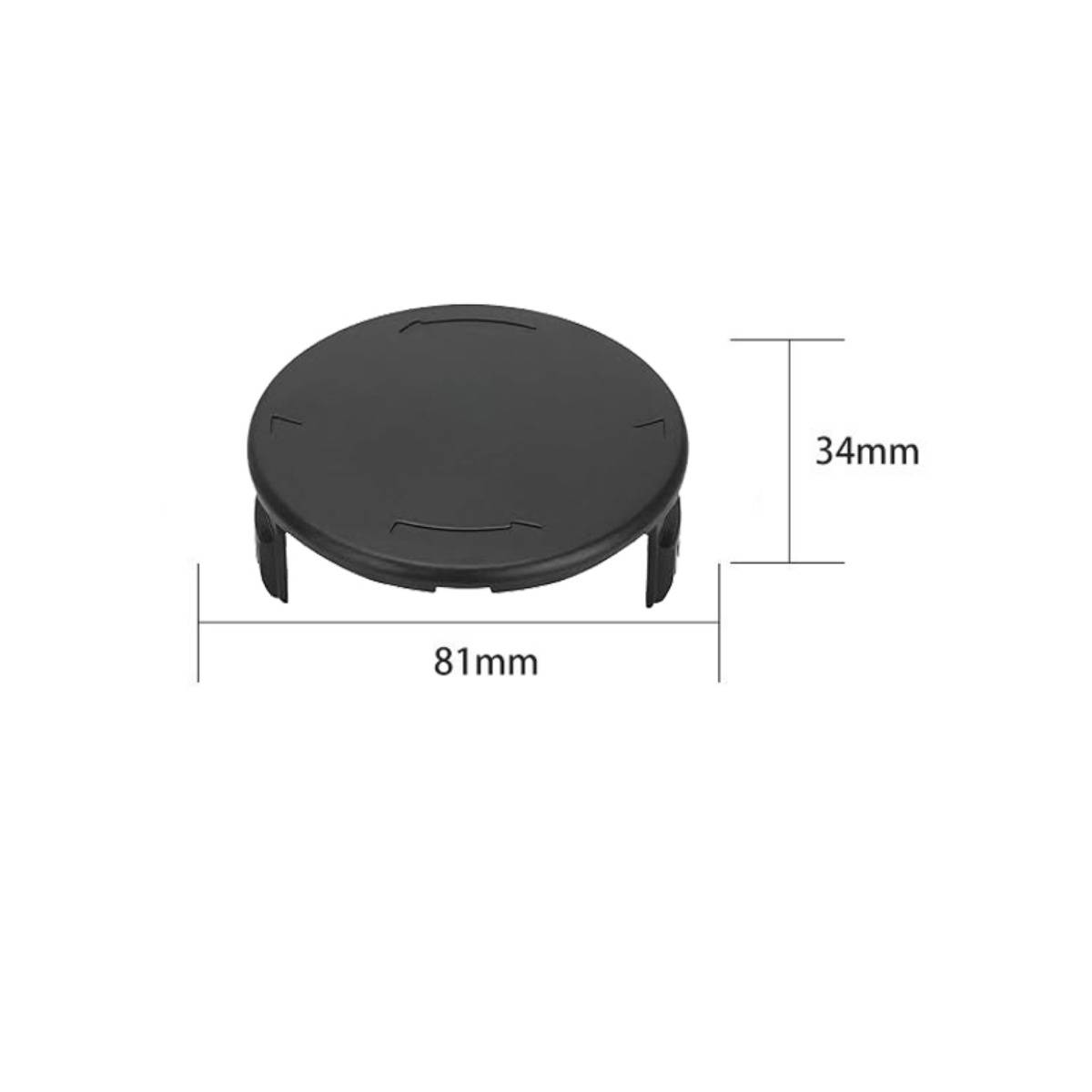 Schwarze runde Kunststoffkappe mit Laschen, abgebildet mit Abmessungen von 81 mm Breite und 34 mm Höhe.