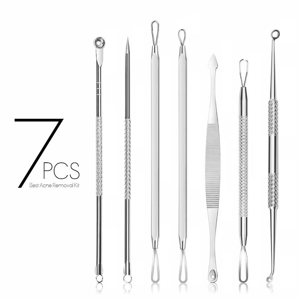 Siebenteiliges Edelstahl-Akne-Entfernungsset mit schwarzem Text „7 PCS" und „Best Acne Removal Kit"" neben sieben metallenen Extraktionswerkzeugen.
