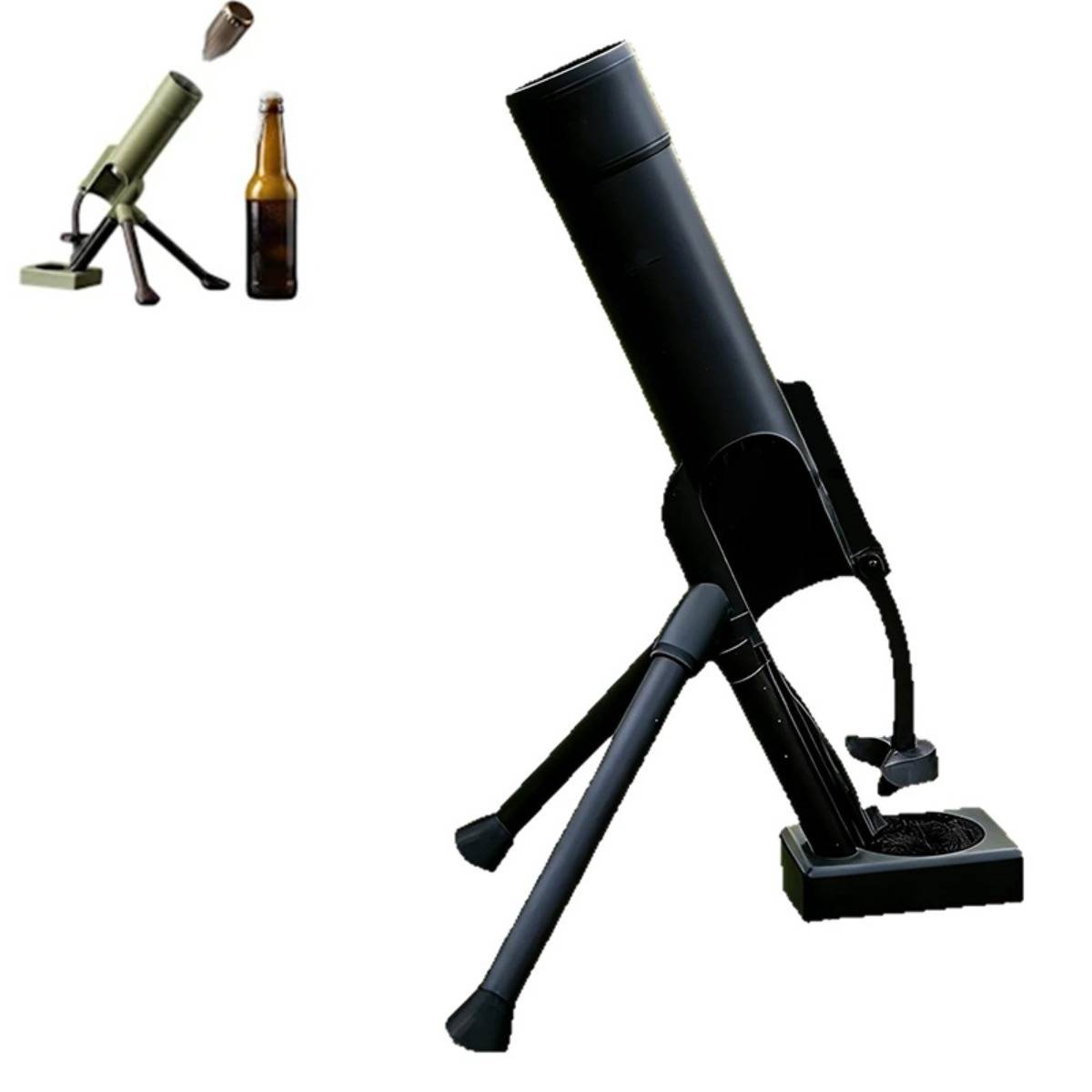 Illustration eines auf einem Stativ montierten Mörserwerfers, mit einer kleinen Vergrößerung, die den Werfer und eine daneben liegende Granate zeigt.