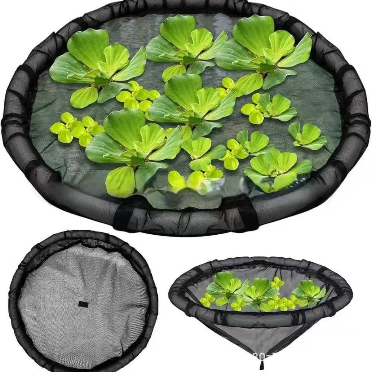 Schwarzer Mesh-Schwimmkorb für Teichpflanzen, gefüllt mit Wasserpflanzen, mit Ansichten von oben, unten und von der Seite.