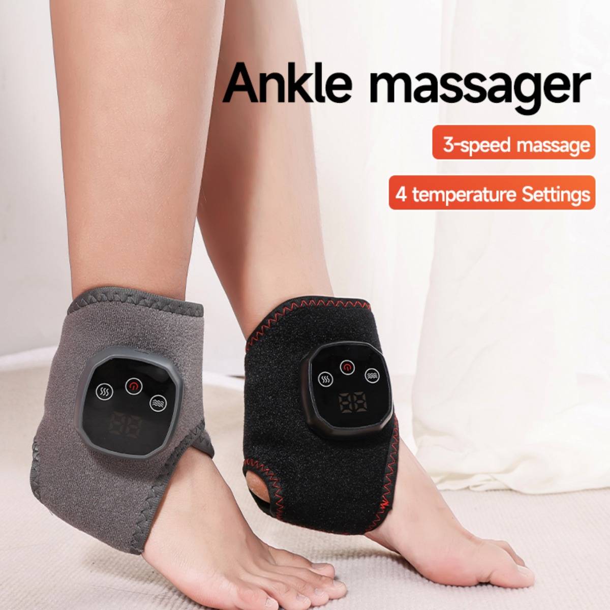 Zwei Knöchel, die Umwickelungs-Fußmassagegeräte mit digitalen Steuerungen tragen; der Text besagt „Fußmassagegerät