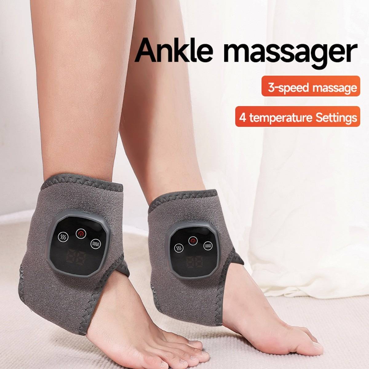 Person trägt graue Fußmassagegeräte an beiden Knöcheln; Text besagt „Fußmassagegerät