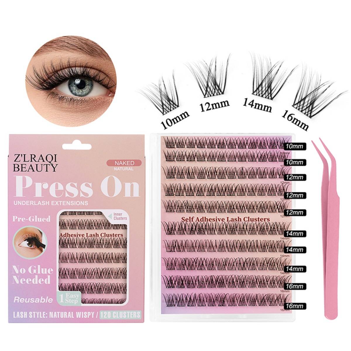 Produktbild von ZLRAQI Beauty Press-On-Unterwimpern-Extensions, zeigt ein Augenbeispiel, sortierte Wimpernlängen von 10 mm bis 16 mm und rosa Pinzette zur Anwendung.