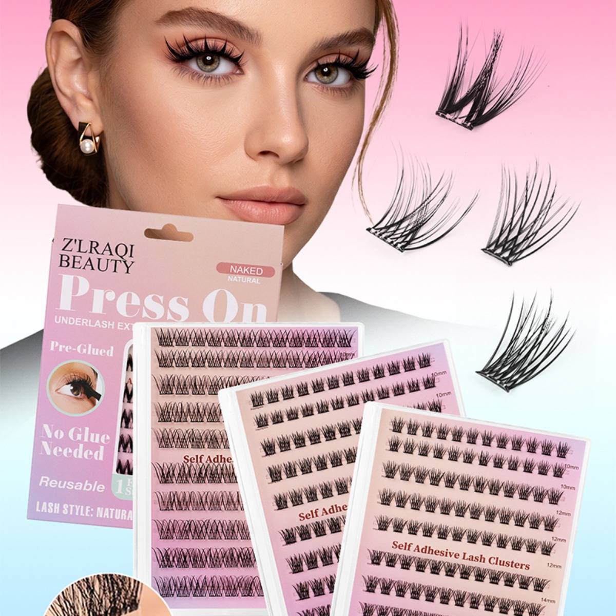 Modell mit dramatischen falschen Wimpern neben rosa Verpackung für „Z'LRAQI BEAUTY Press On Underlash Extensions