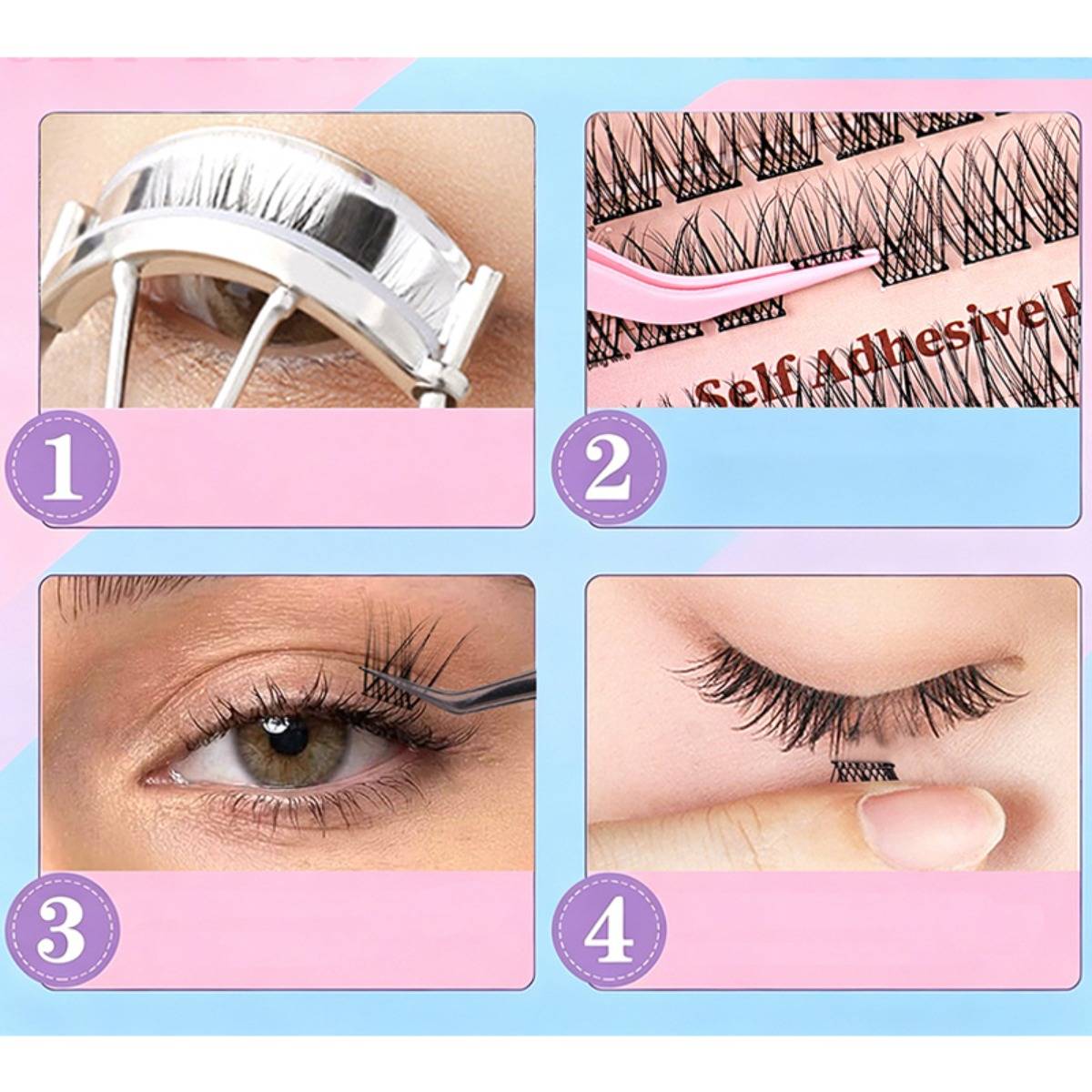 Vierschrittiger Anleitung zur Wimpernverlängerung mit einer Wimpernzange, dem Zuschneiden von selbstklebenden Wimpern, dem Aufbringen von Wimpern auf ein Auge und dem Andrücken an Ort und Stelle.