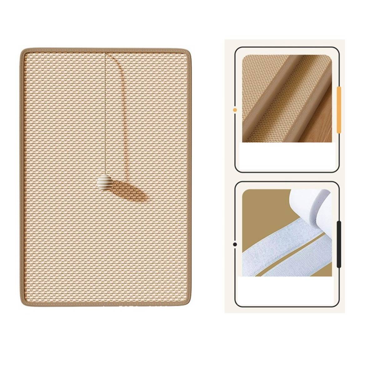 Rechteckige beige strukturierte Matte mit Zugschnur und Kugelgriff; eingefügte Nahaufnahmen zeigen die gewebte Kante und die Klebstoffrückseite.