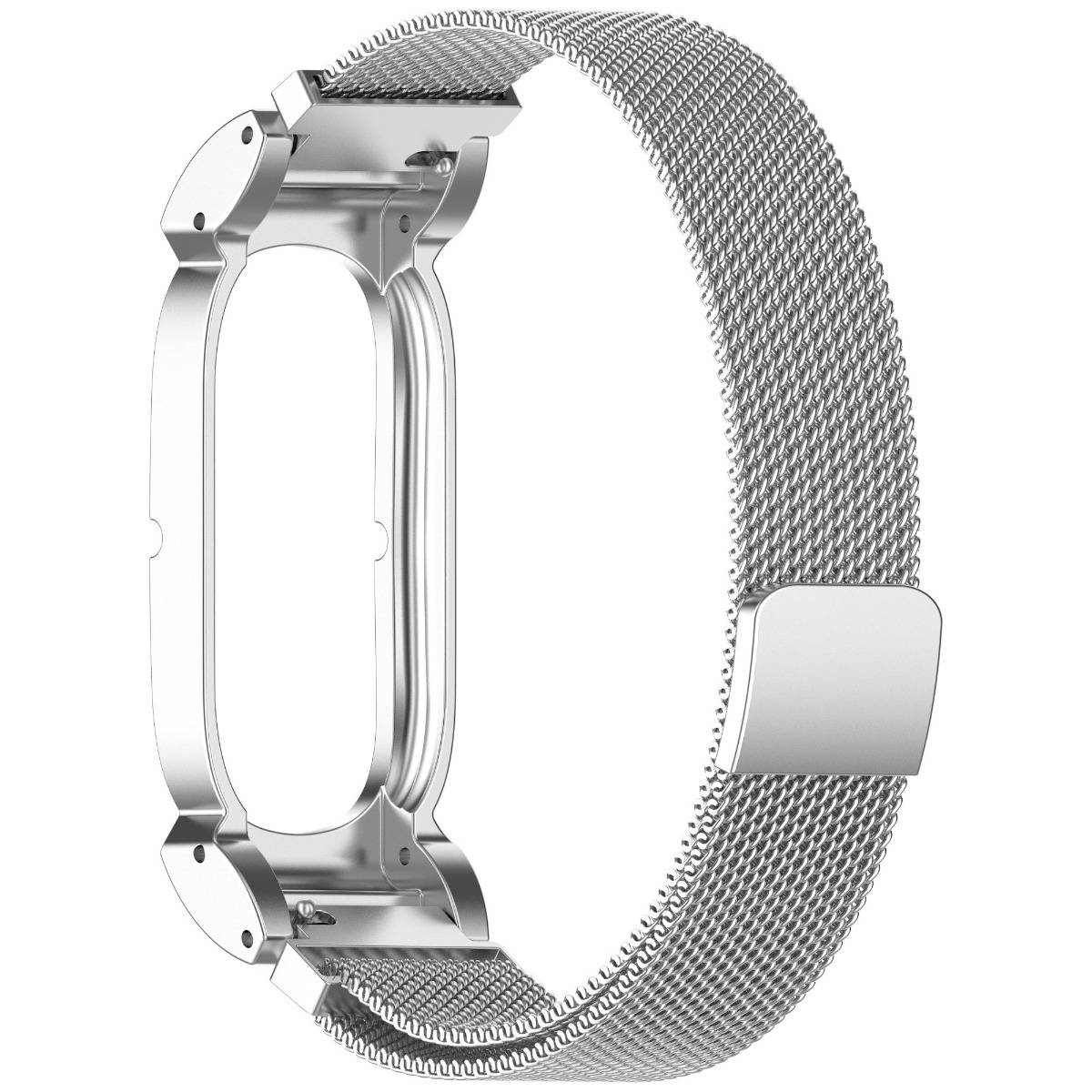 Silbernes Mesh-Smartwatch-Armband mit rechteckiger silberner Schließe auf weißem Hintergrund.