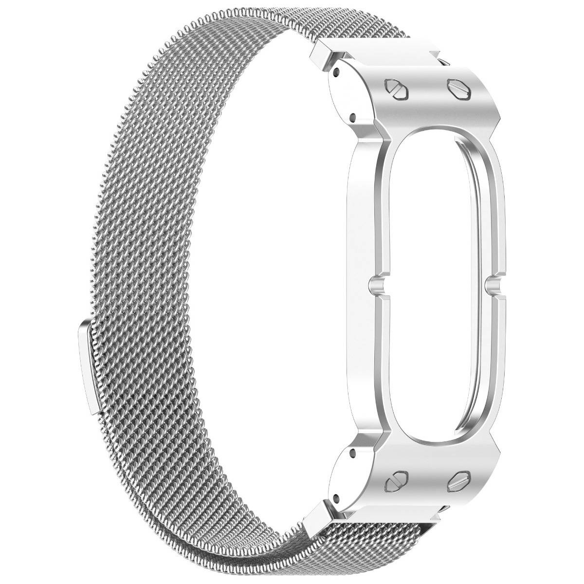 Silbernes Metall-Mesh-Uhrenarmband mit rechteckiger silberner Schließe, isoliert auf weißem Hintergrund dargestellt.