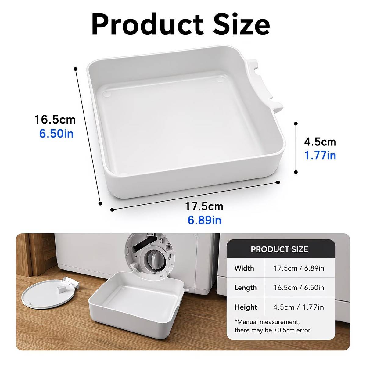 Produktgrößendiagramm mit einem weißen quadratischen Tablett mit den Abmessungen 17,5 cm Breite, 16,5 cm Länge und 4,5 cm Höhe, sowie ein Foto seiner Verwendung unter einer Waschmaschine.