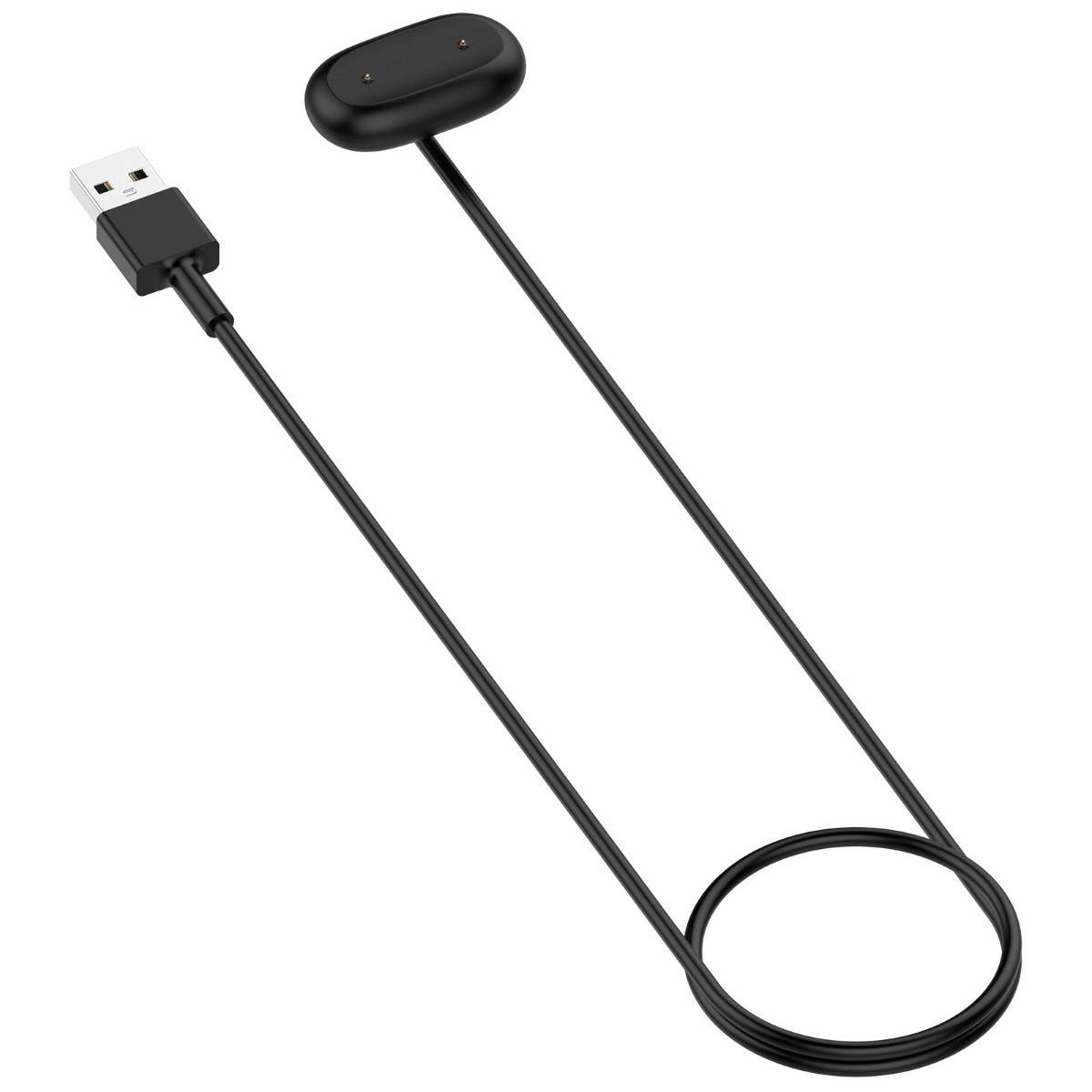 Schwarzes USB-Kabel mit einem kleinen ovalen Sensor oder Knopf an einem Ende und einem USB-A-Anschluss am anderen Ende, aufgerollt auf weißem Hintergrund