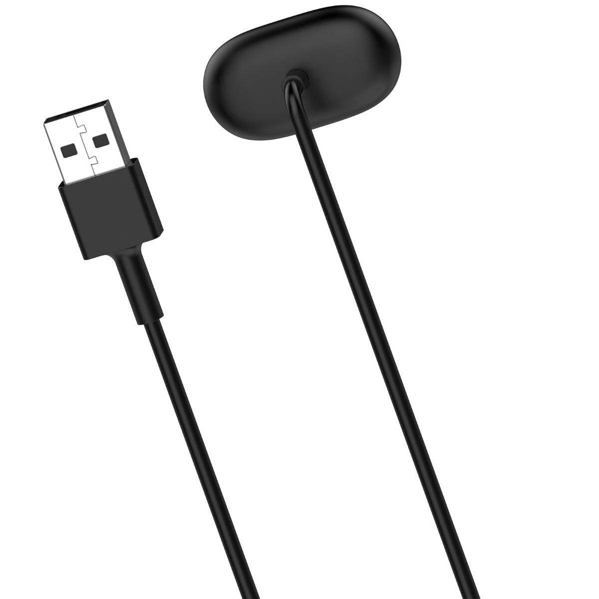 Schwarzes USB-Kabel mit einer kleinen ovalen magnetischen oder selbstklebenden Basis an einem Ende, auf weißem Hintergrund dargestellt.
