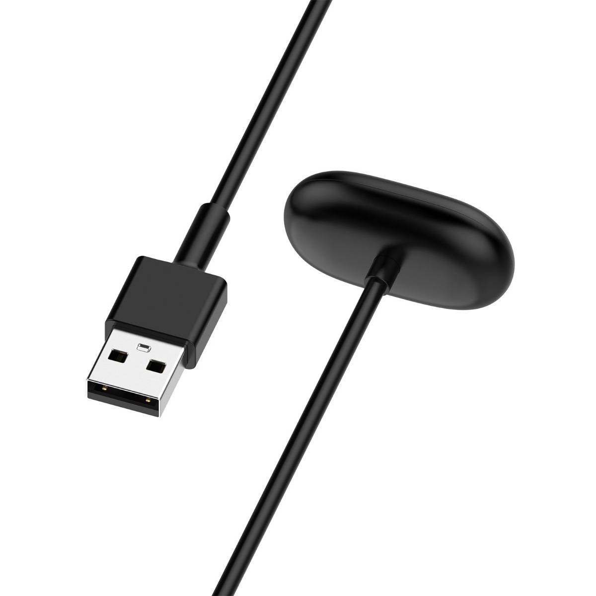 Schwarzes USB-Kabel mit einem kleinen ovalen Sensor- oder Empfängermodul auf weißem Hintergrund.