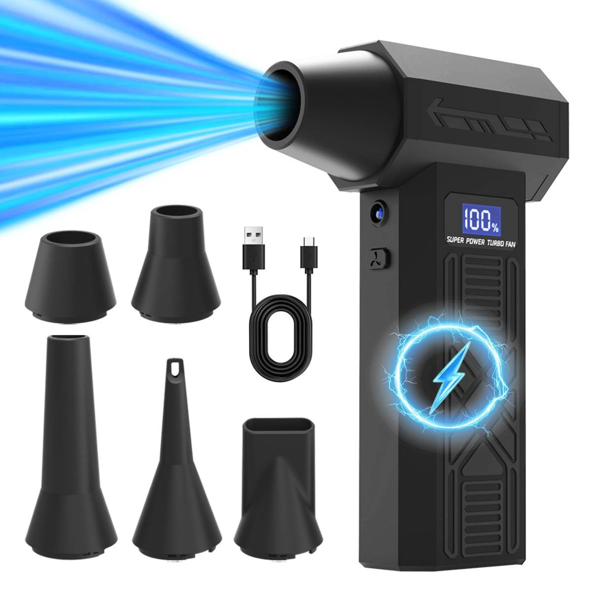 Tragbarer Turbo-Druckluftbläser mit blauem Luftstrom, digitaler Batterieanzeige, USB-Kabel und fünf austauschbaren Düsen