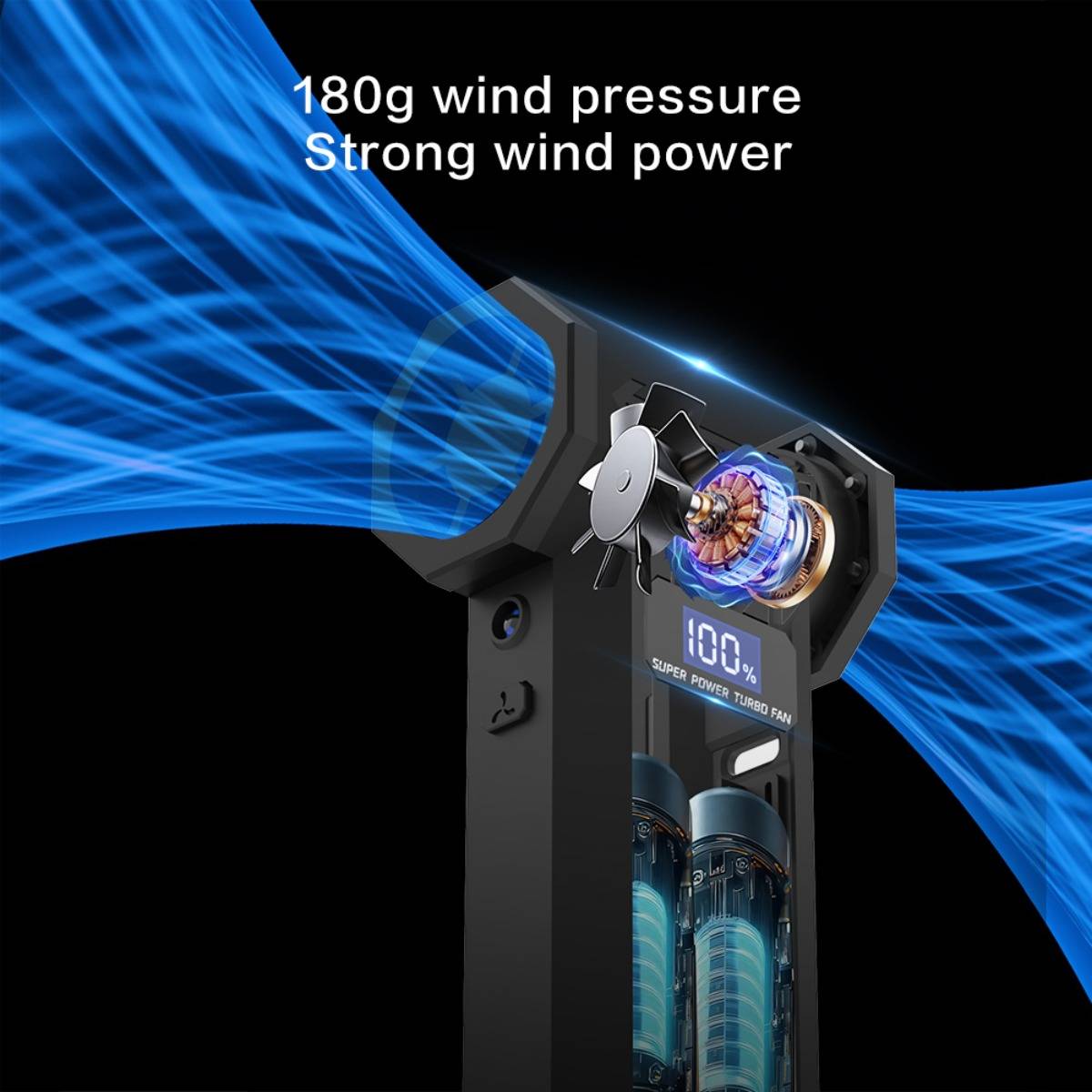 Werbegrafik eines tragbaren Ventilators mit blauem Luftstrom, beschriftet mit „180g Winddruckkraft" und „Starke Windkraft"", mit digitalem Display und interner Motordarstellung.