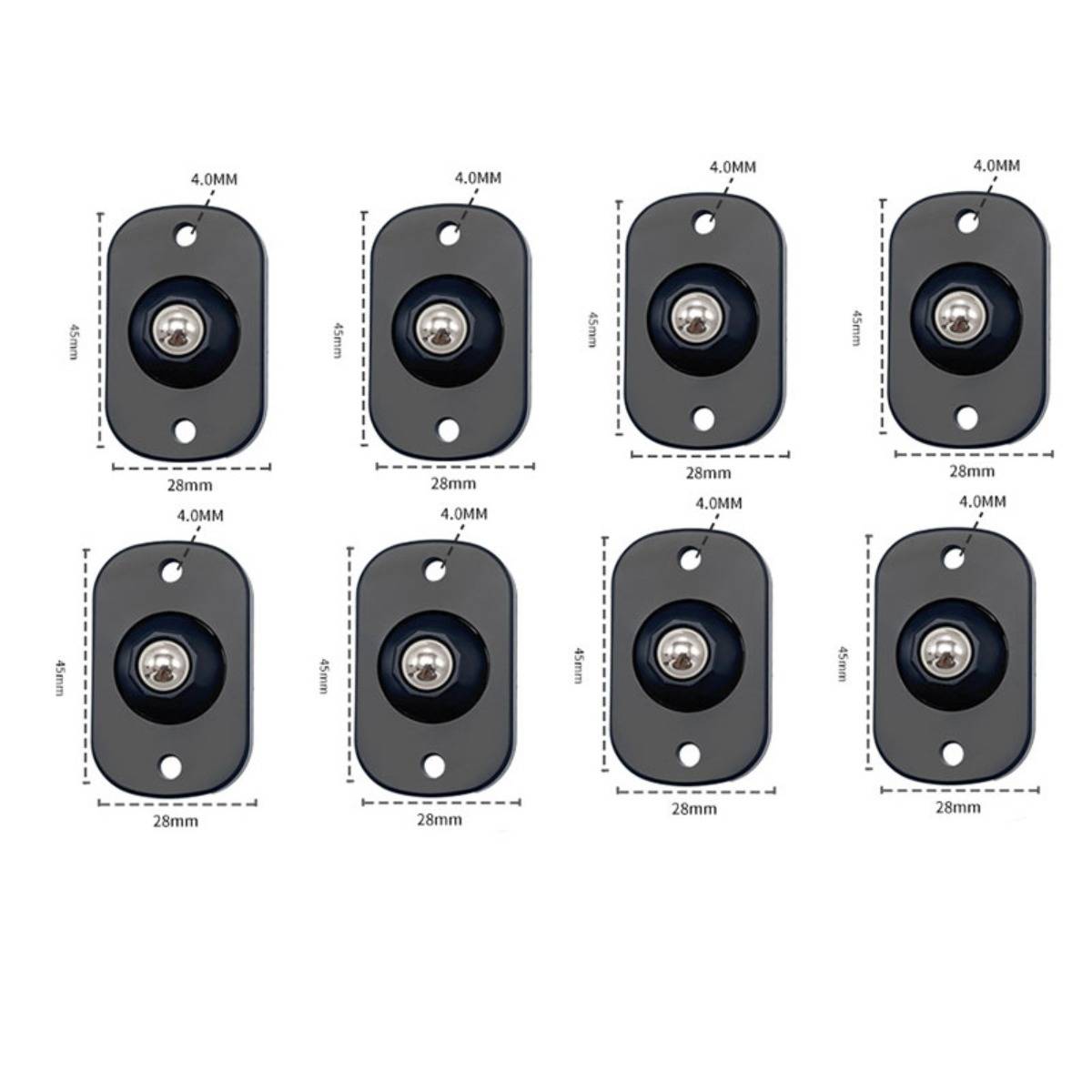 Produktdiagramm zeigt acht schwarze ovale Befestigungsplatten mit zentralem Knopf und zwei Schraubenlöchern, gekennzeichnet mit 4,0 mm Dicke und 28 mm Breite.