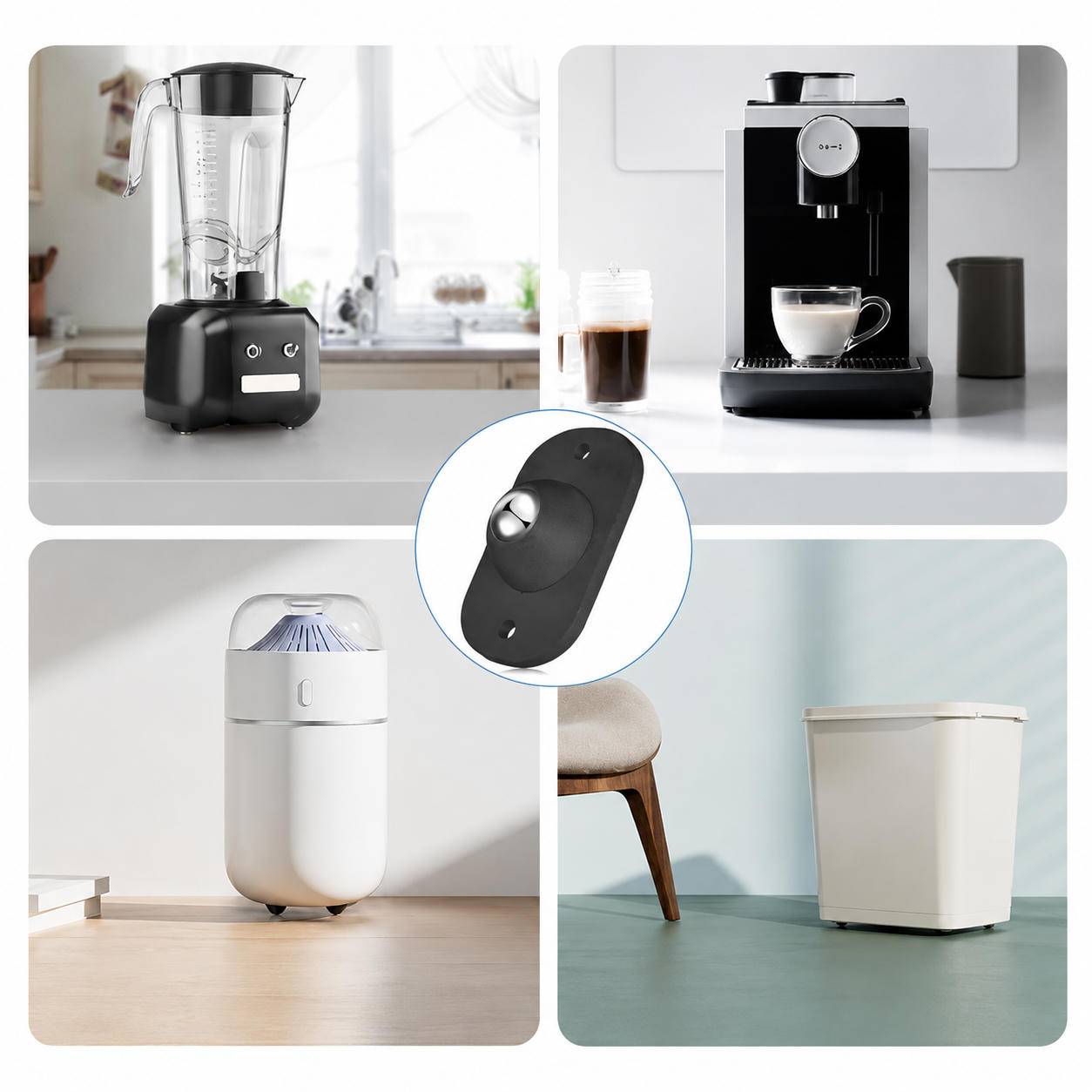 Collage aus vier Küchengeräten: ein Mixer, eine Espressomaschine, ein Luftbefeuchter und ein Mülleimer, mit einer zentralen Nahaufnahme einer kleinen schwarzen Komponente.