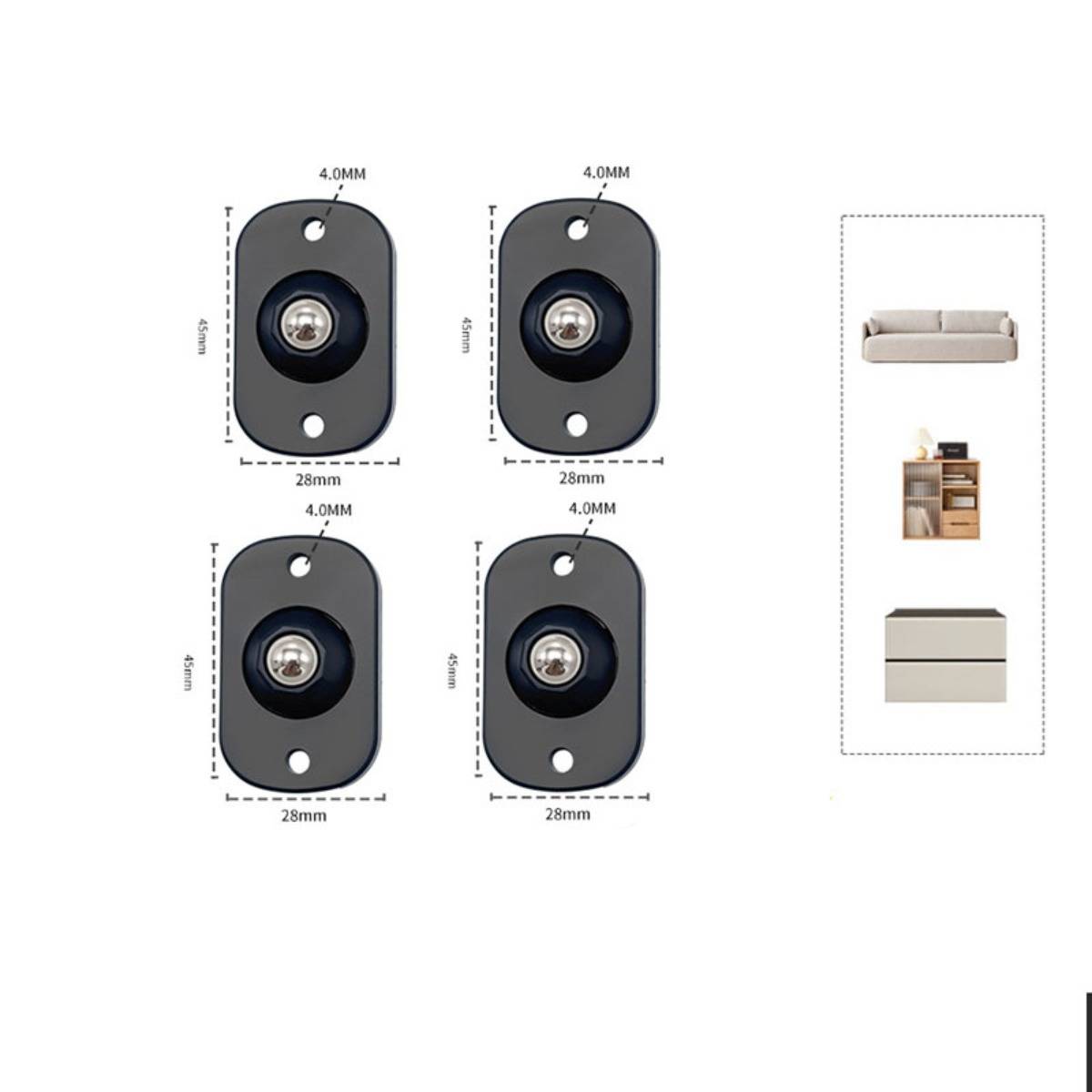 Diagramm von vier ovalen Montageplaten mit 4,0 mm Löchern und 28 mm Breite, gezeigt neben Beispielen von Möbeln, in die sie passen.
