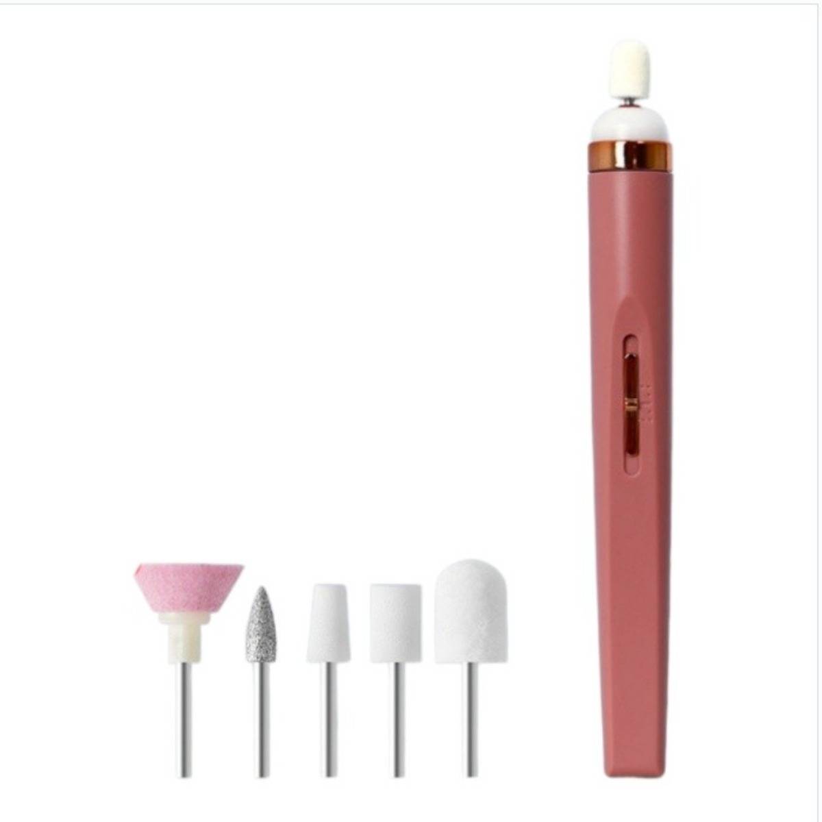 Elektrische Nagelfeile mit rosa Griff und fünf austauschbaren Schleif- und Polierbits auf weißem Hintergrund.