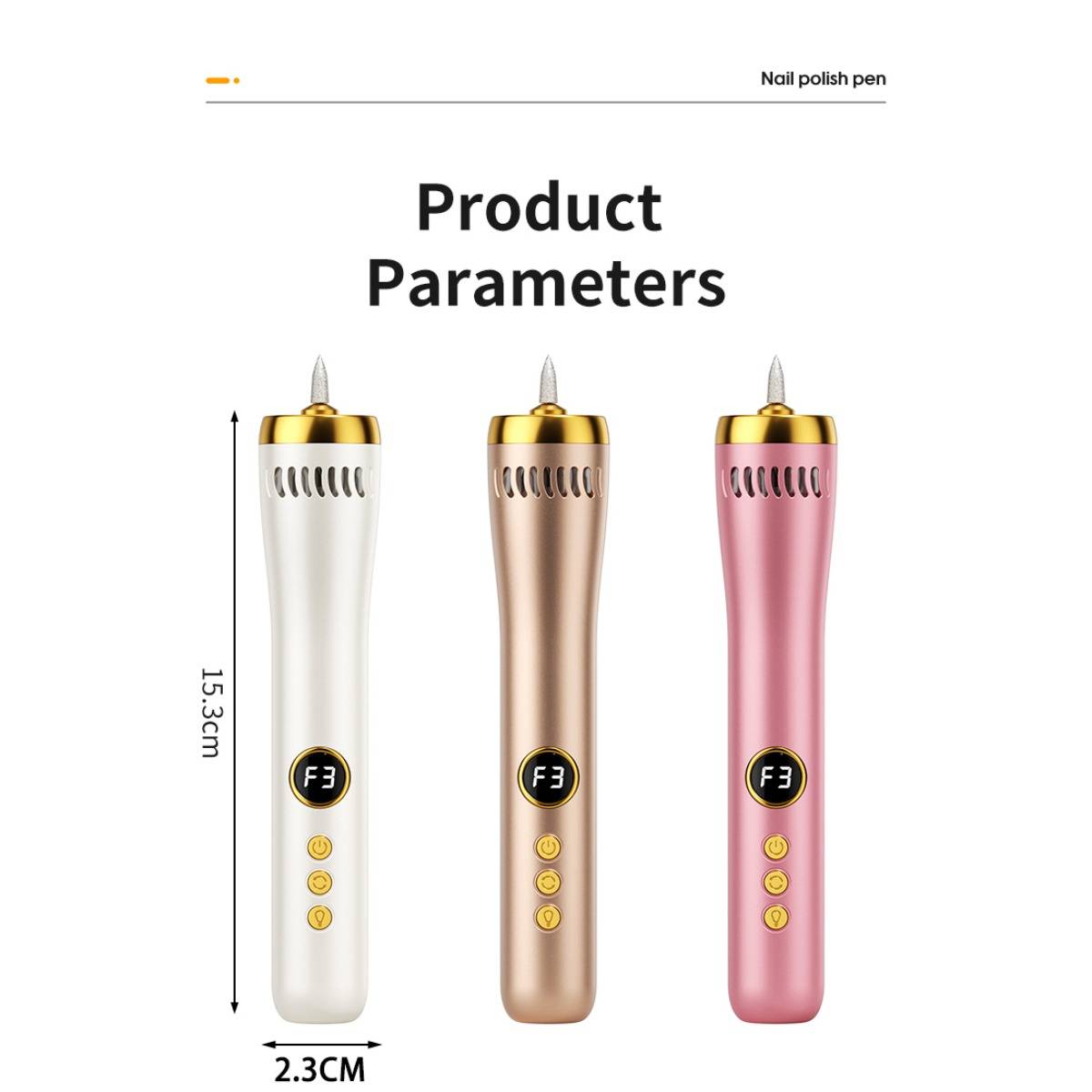 Produktparameter für einen Nagellack-Stift, dargestellt mit drei Stiftfarben, weiß, gold und rosa; Abmessungen sind 15,3 cm hoch und 2,3 cm breit.