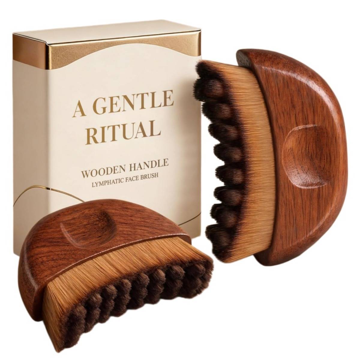 Verpackung und zwei Lymphdrainage-Gesichtsbürsten mit Holzgriffen, mit der Aufschrift „A Gentle Ritual