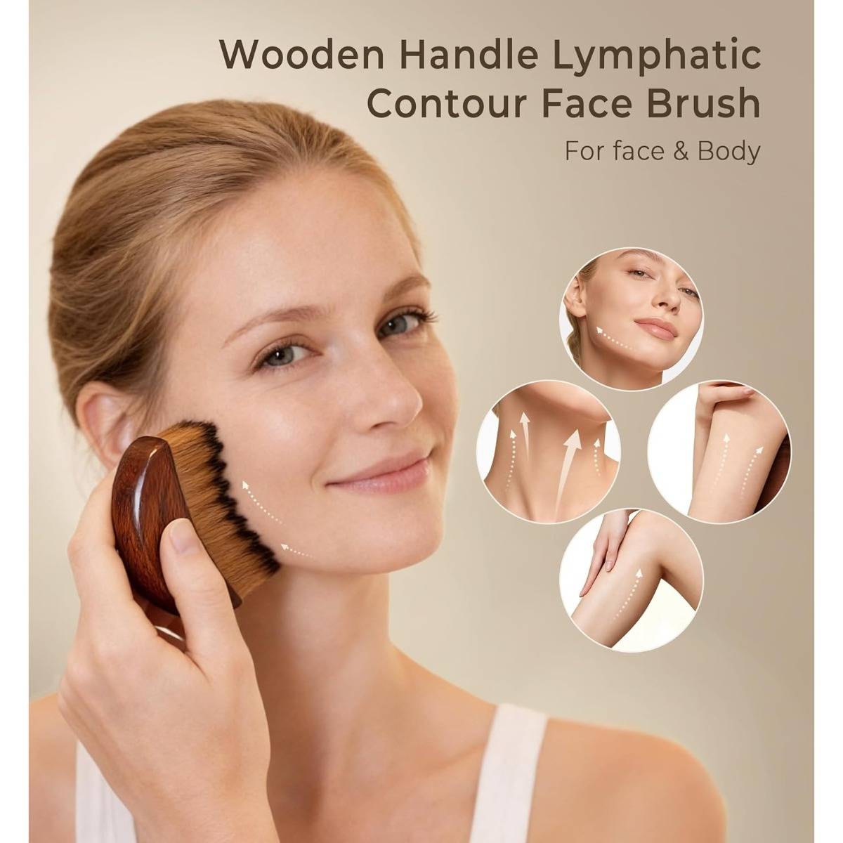 Werbung für eine Gesichtsbürste mit Lymphdrainage-Konturfunktion und Holzgriff, auf der eine Frau zu sehen ist, wie sie sie auf ihrer Wange anwendet, mit Einsätzen, die Massage-Richtungen für Gesicht und Körper demonstrieren.