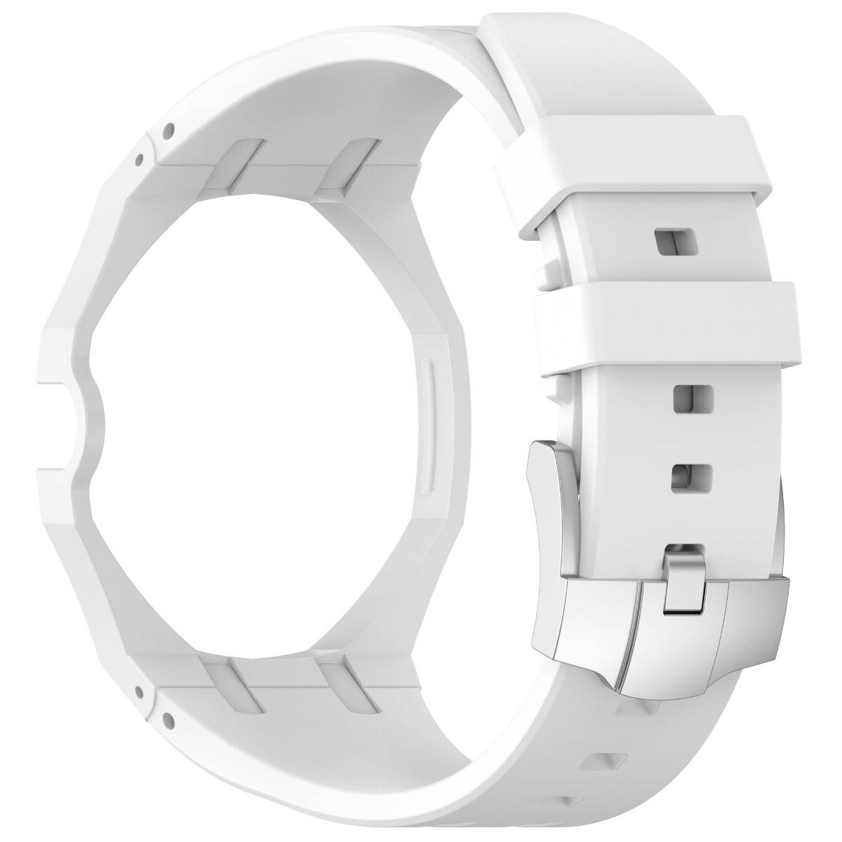 Weiß-schwarzes Kunststoff-Smartwatch- oder Fitness-Tracker-Armband mit leerem kreisförmigem Mittelteil und Schnallenverschluss auf einfachem Hintergrund gezeigt.