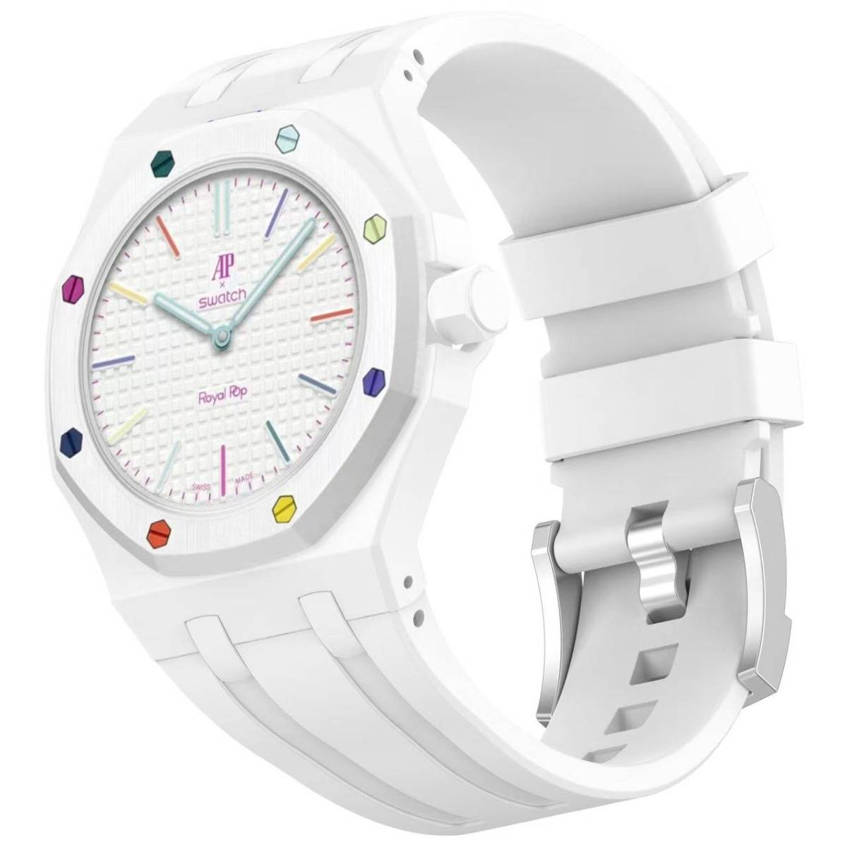 Weiße Swatch-Armbanduhr mit regenbogenfarbigen Stundenmarkierungen und silberner Schließe an weißem Armband, in einer Schrägansicht dargestellt.