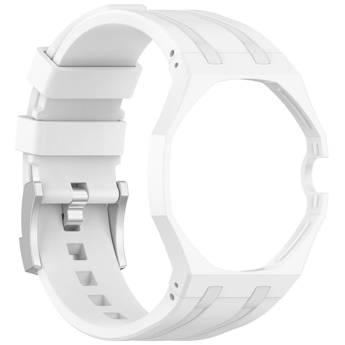Weiße verstellbare Uhrenarmband mit Schnalle, isoliert auf weißem Hintergrund dargestellt.