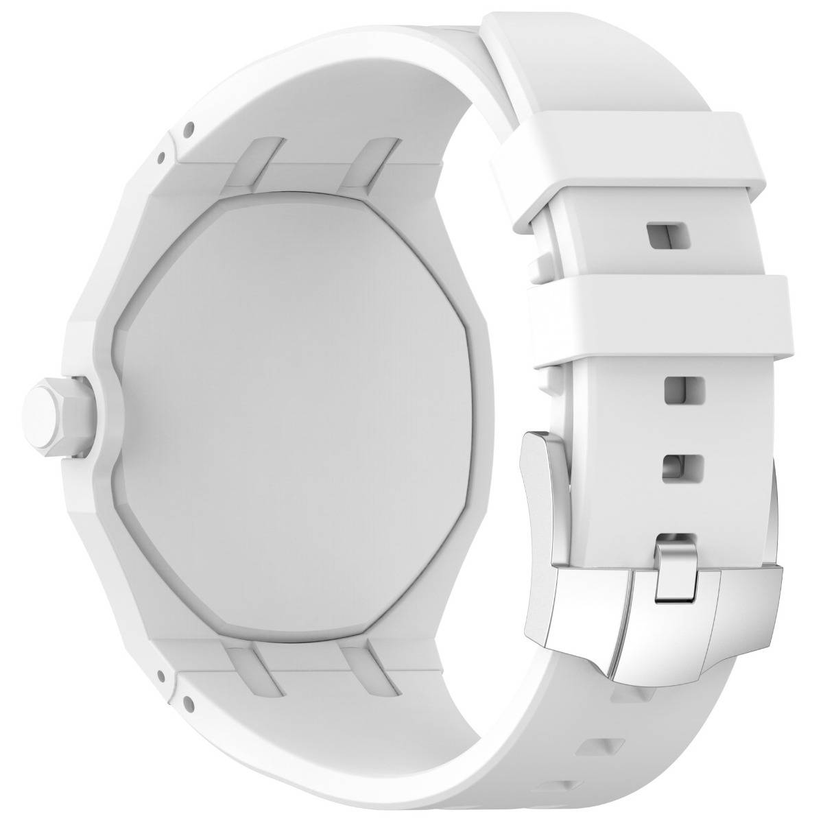Weiße runde Smartwatch in Seitenansicht, mit leerem kreisförmigem Display und weißem segmentiertem Armband mit Schnalle.