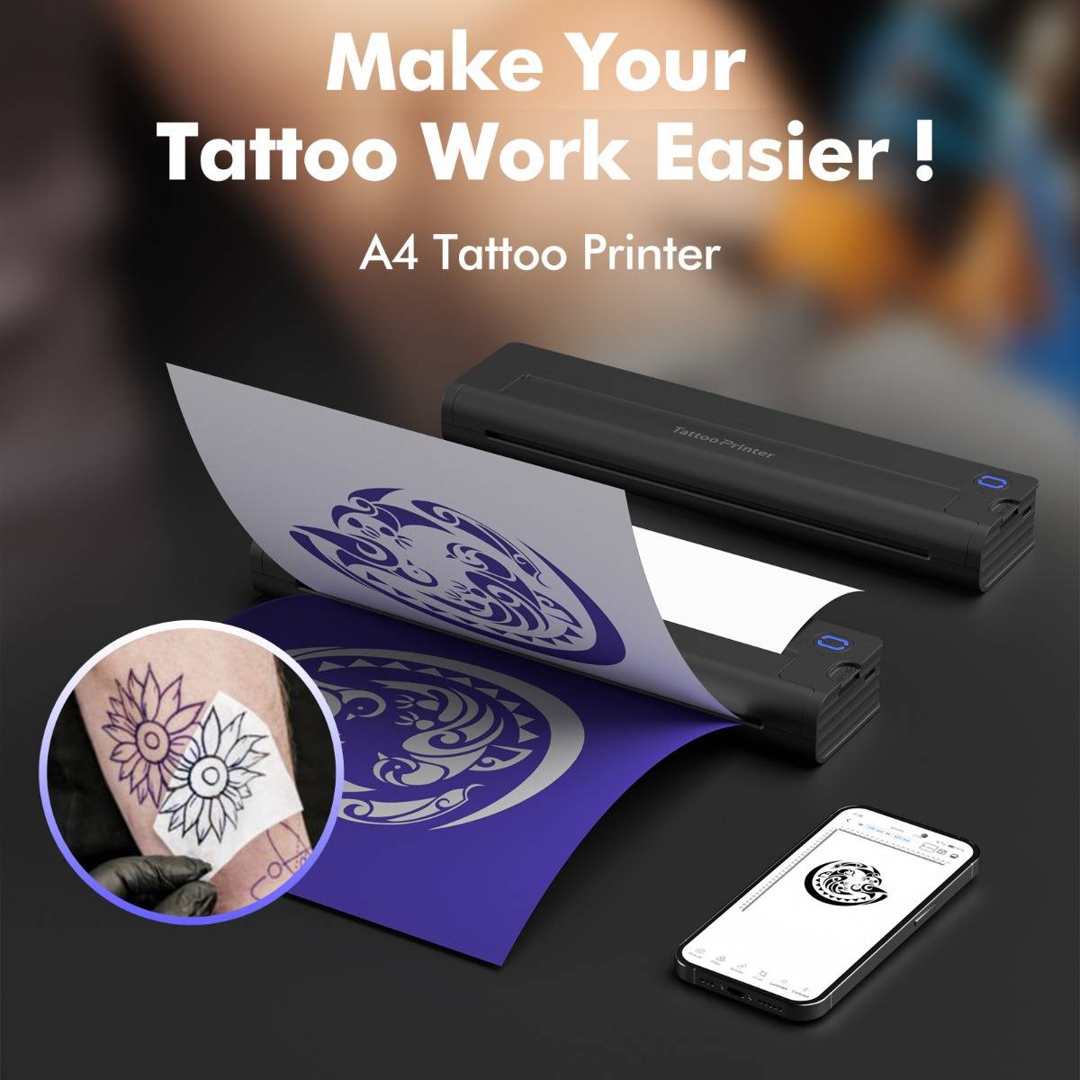 Werbung für einen A4-Tattoo-Drucker mit dem Text „Machen Sie Ihre Tattoo-Arbeit einfacher!