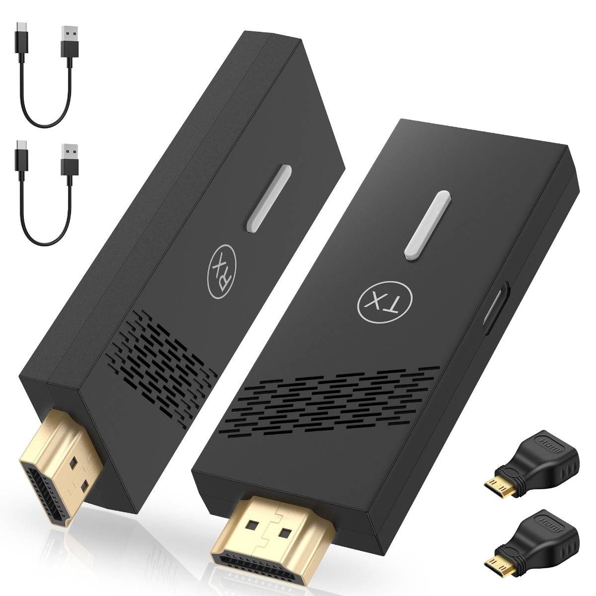Zwei schwarze HDMI-Funk-Sender- und Empfängerstecker mit USB-Stromkabeln und zwei kleine Adapterstecker auf weißem Hintergrund angezeigt.