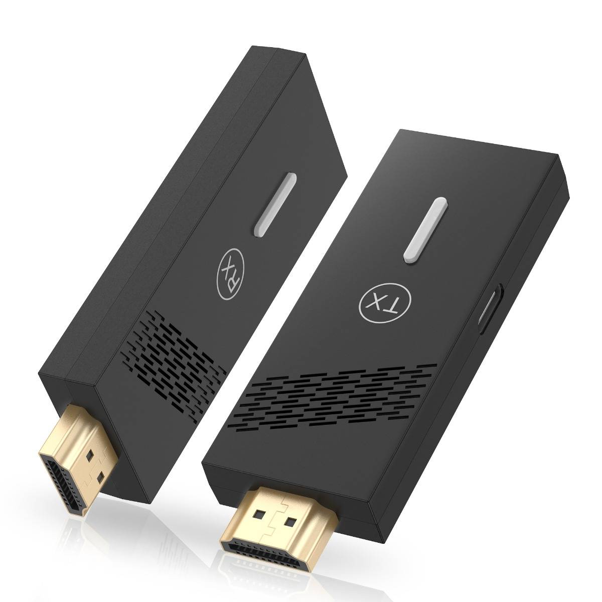 Zwei schwarze HDMI-Wireless-Display-Adapter mit vergoldeten HDMI-Steckern, Statusleuchten und Belüftungsschlitzen, schräg auf weißem Hintergrund dargestellt.