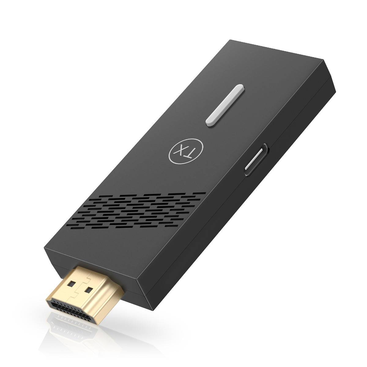 Schwarzer TV-Stick-Adapter/Dongle mit HDMI-Stecker, USB-C-Anschluss und oben liegender Taste, isoliert auf weißem Hintergrund dargestellt.