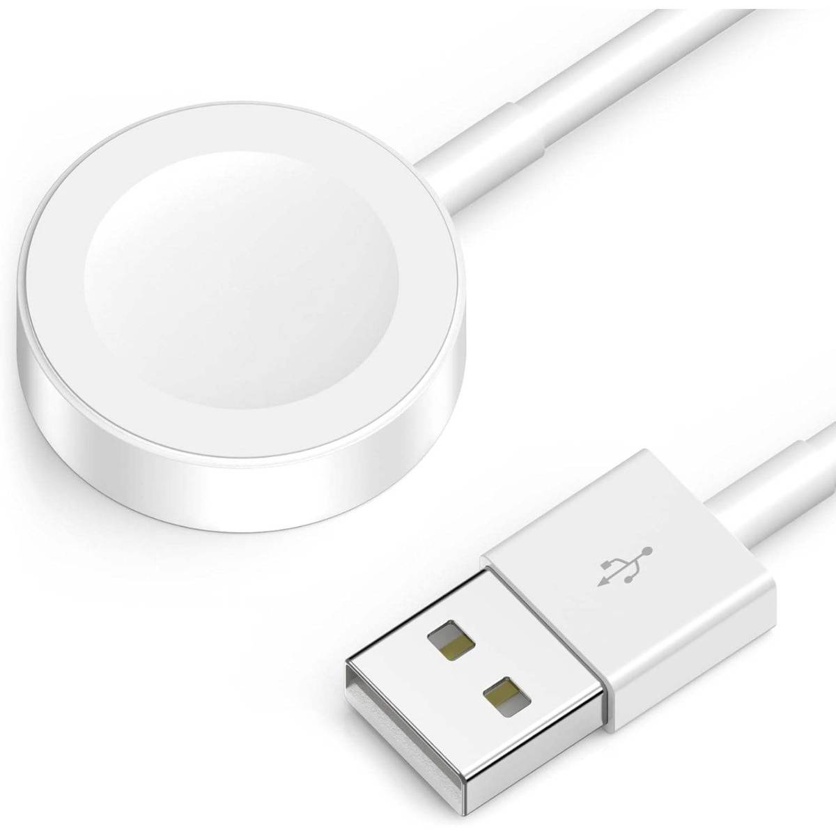 USB-Kabel mit rundem weißem Magnetladekopf und USB-A-Stecker auf weißem Hintergrund.