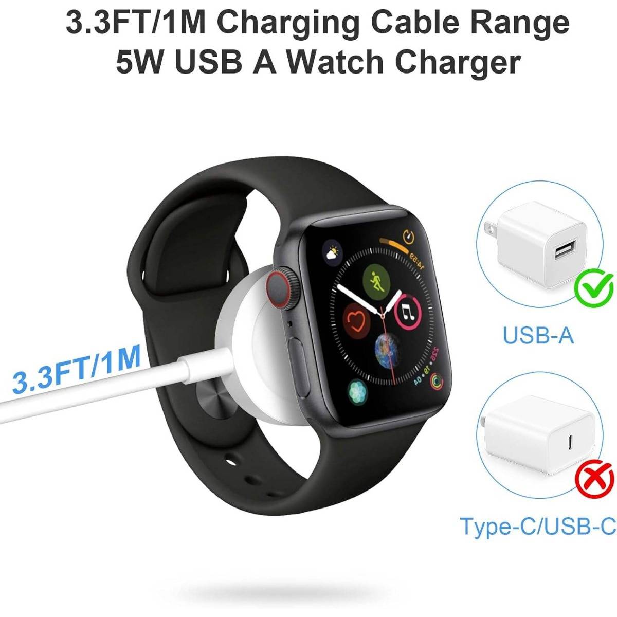 Apple Watch Ladekabel mit 5W USB-A Ladegerät, Reichweite von 3,3 ft (1 m); USB-A ist kompatibel, Type-C/USB-C ist nicht kompatibel.