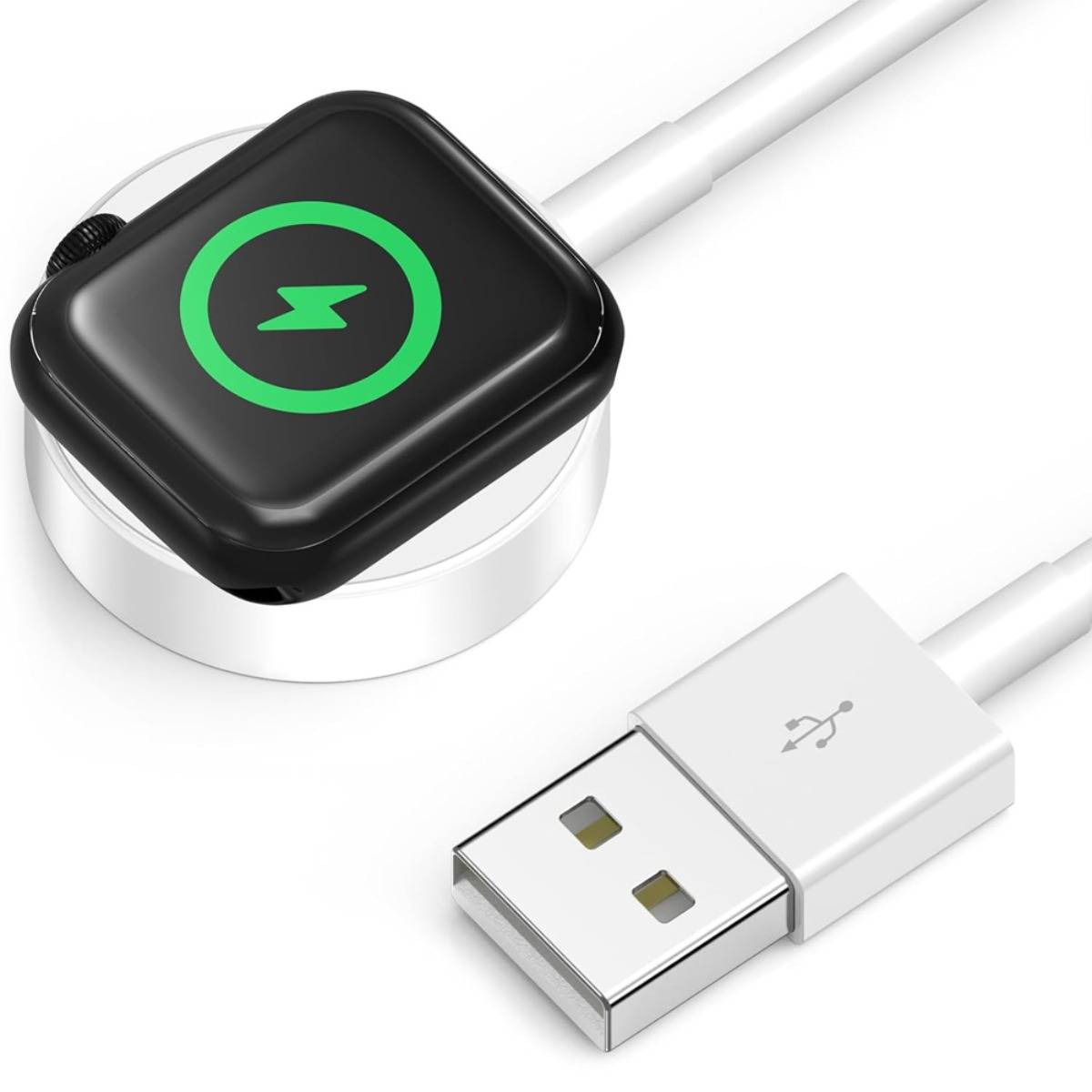 Kabelloses Ladegerät mit grünem Blitzsymbol und angeschlossenem USB-Stecker auf weißem Hintergrund.