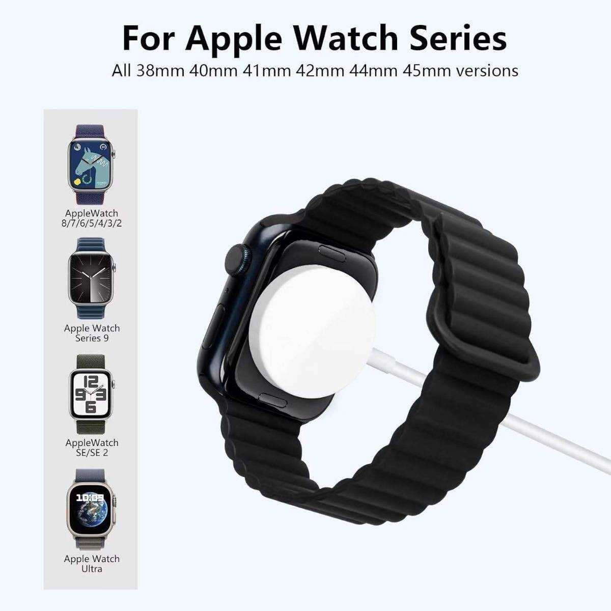 Apple Watch mit schwarzem geripptem Armband auf dem Ladegerät; kompatibel mit Apple Watch Series 8/7/6/5/4/3/2, Series 9, SE/SE 2 und Ultra, alle Versionen in 38-45 mm.