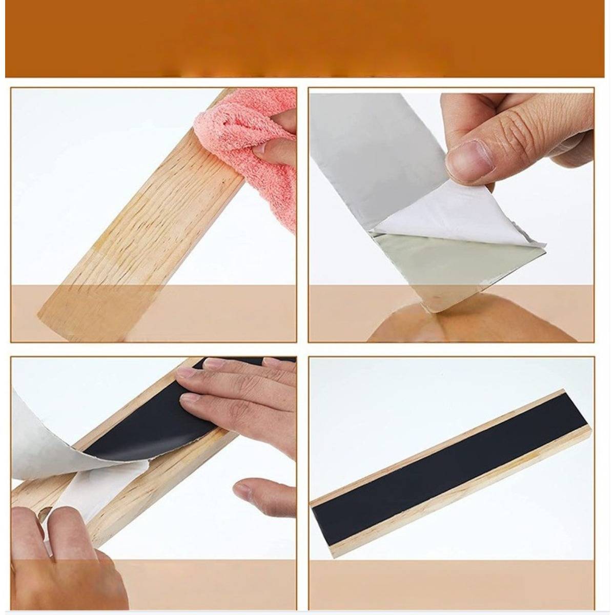 Vierschrittiger Holzverarbeitungsprozess: Auftragen von Klebstoff und Befestigung eines schwarzen Streifens auf einem Holzstück, dargestellt in Nahaufnahmepanelen.