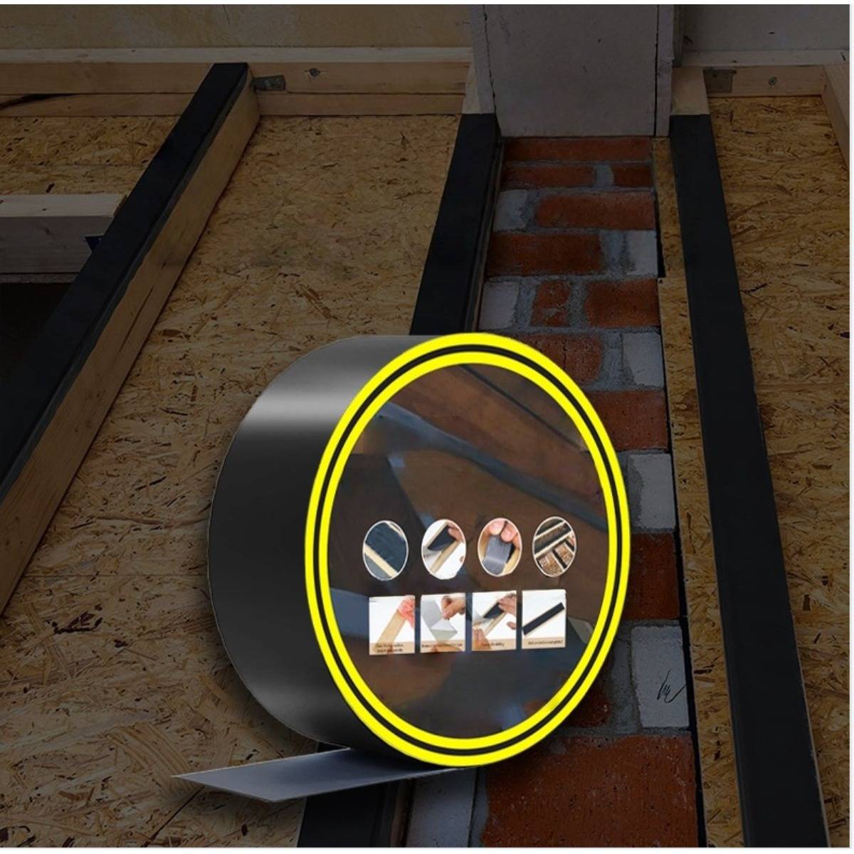Nahaufnahme einer Metallmontageklammer oder Beschilderungsbefestigung mit einer gelben ovalen Hervorhebung, die kleine Hardwaredetails vor einem Hintergrund aus Holz und Stein zeigt.