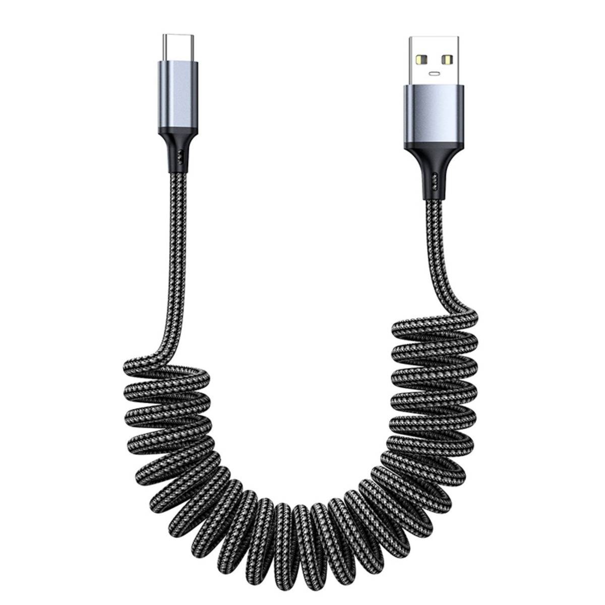 Aufgerolltes schwarzes USB-Ladekabel mit einem USB-C-Anschluss an einem Ende und einem USB-A-Anschluss am anderen Ende.