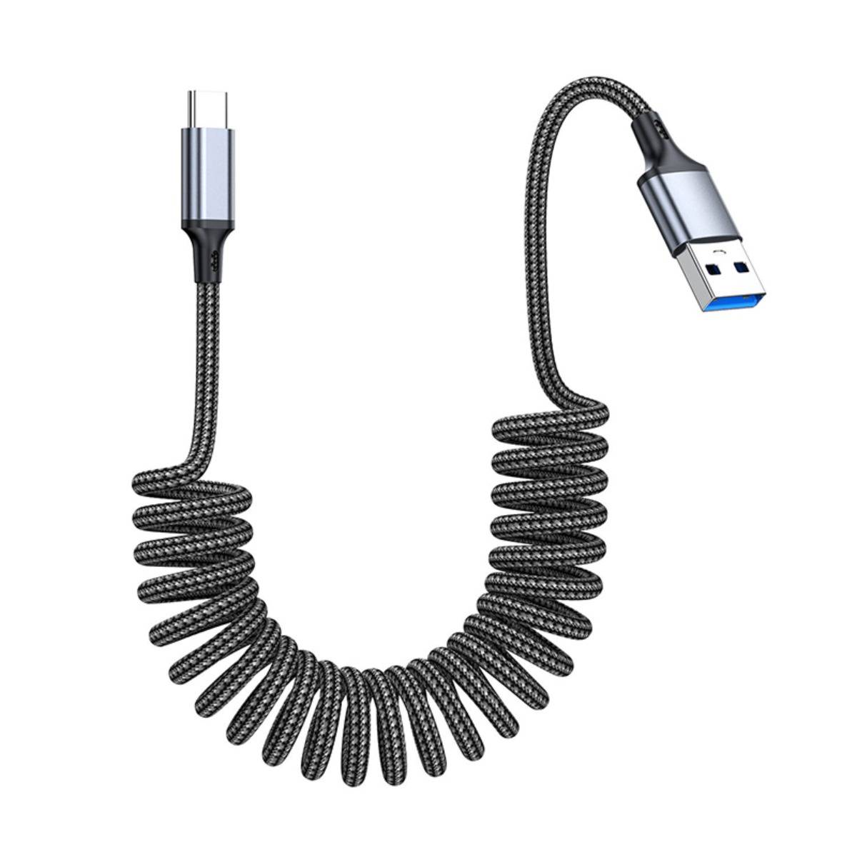 Aufgerolltes schwarzes USB-Ladekabel mit einem USB-A-Anschluss an einem Ende und einem zweipoligen Stecker am anderen Ende, gezeigt auf weißem Hintergrund.