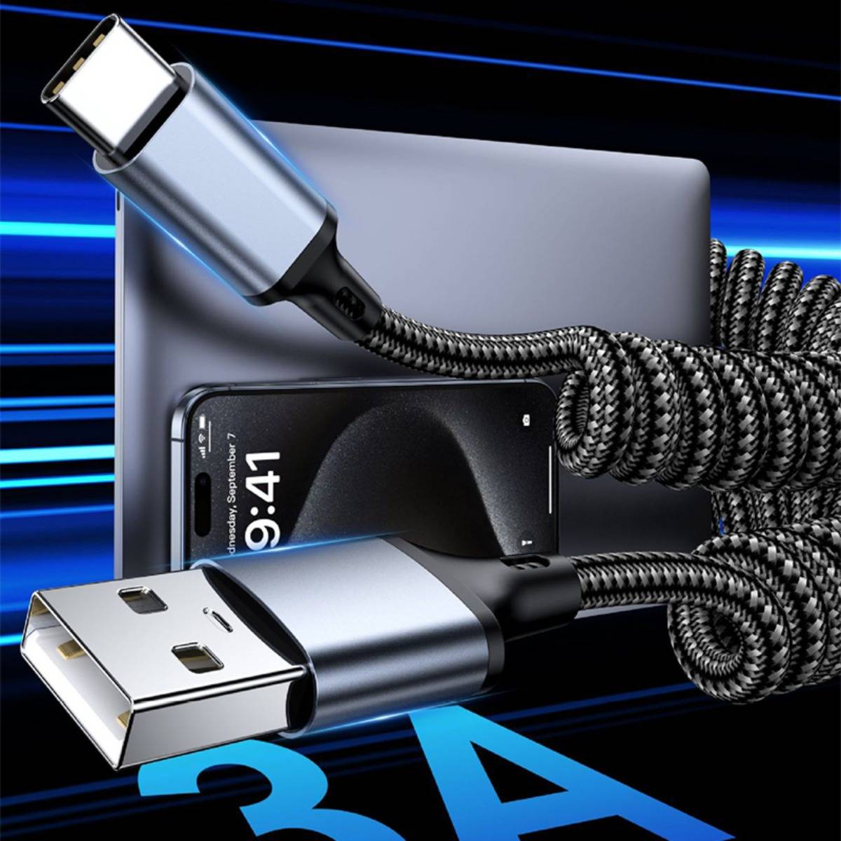 USB-C- und USB-A-Ladekabel, die mit einem Smartphone und Laptop verbunden sind, mit großem Text „3A", das Schnellladung hervorhebt.