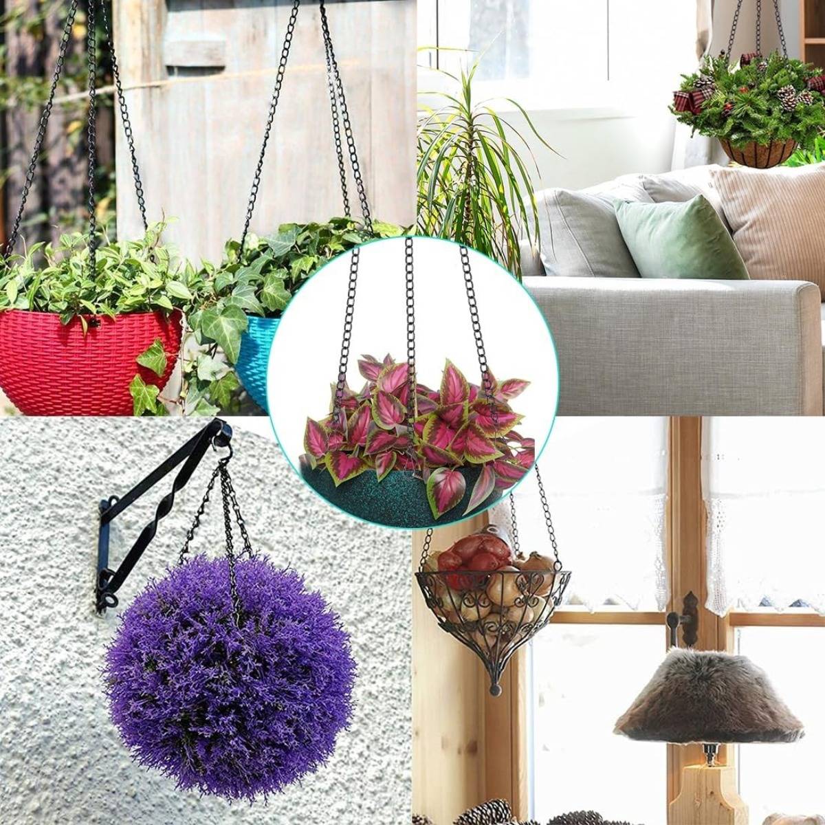 Collage aus hängenden Pflanzenkörben und Blumenkübeln, die als Innen- und Außendekoration verwendet werden, einschließlich farbenfrohem Laub, einer lila Buchsbaumkugel und einem dekorativen Metallaufhänger.
